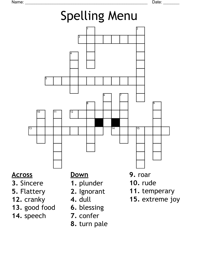 Spelling Menu Crossword