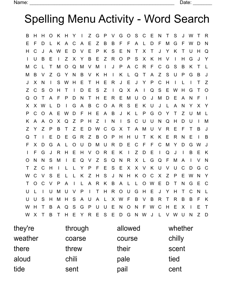 Spelling Menu Activity - Word Search