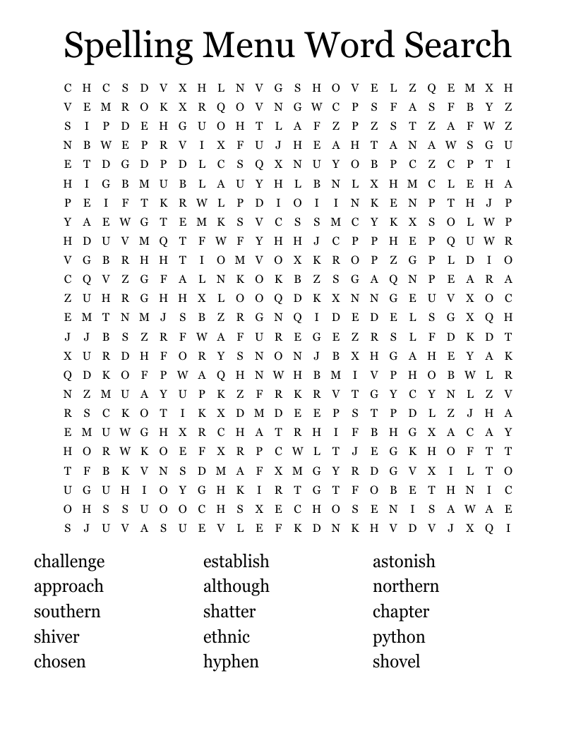 Spelling Menu Word Search