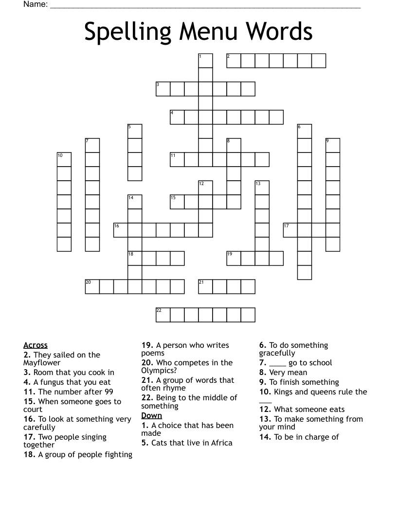 Spelling Menu Words  Crossword