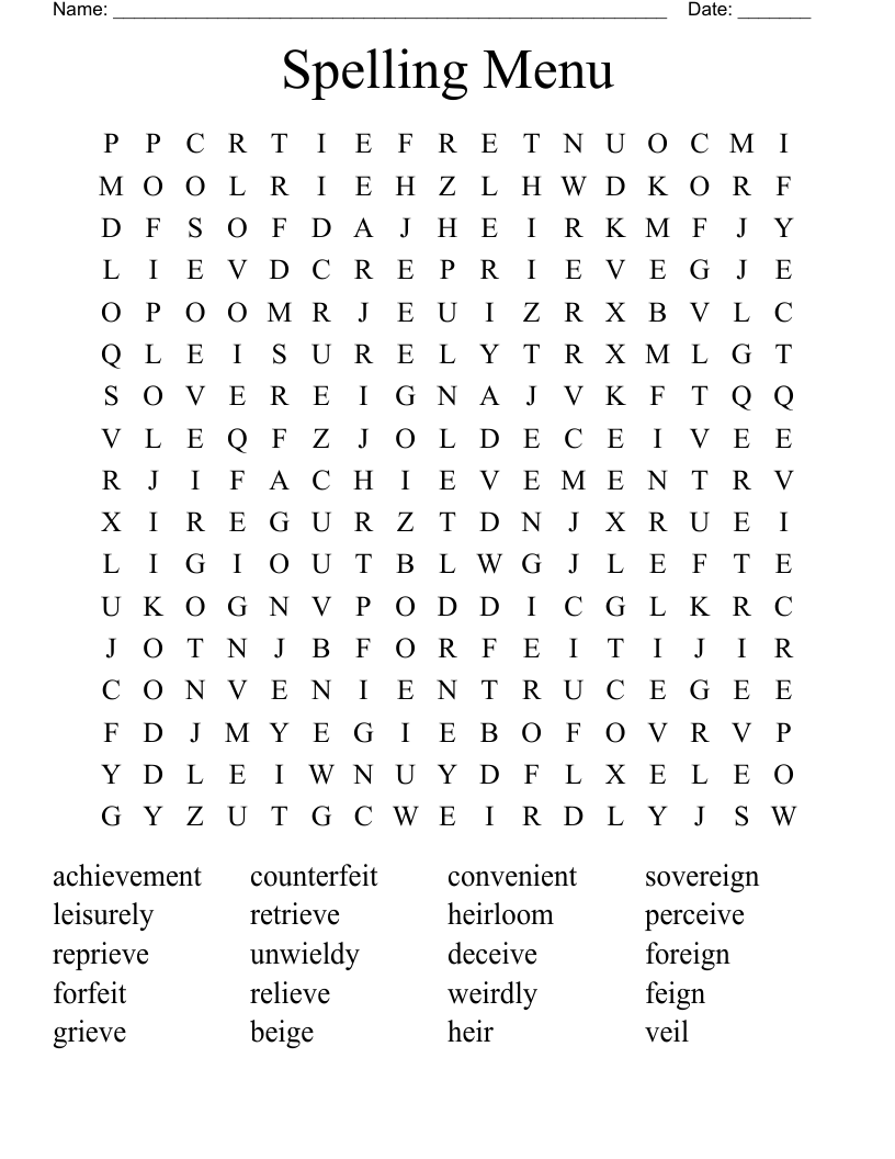 Spelling Menu  Word Search