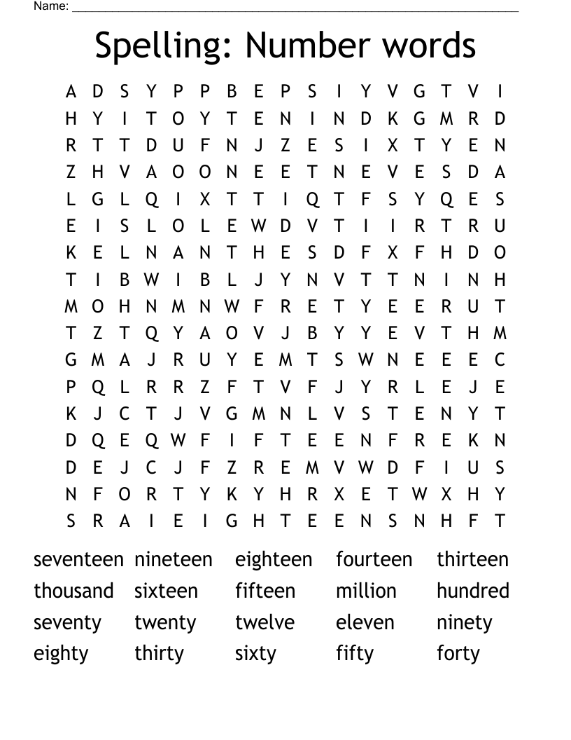 Spelling: Number words Word Search