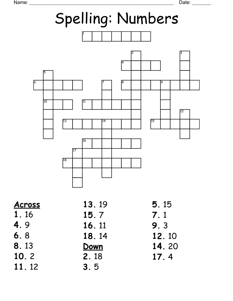 Spelling: Numbers Crossword
