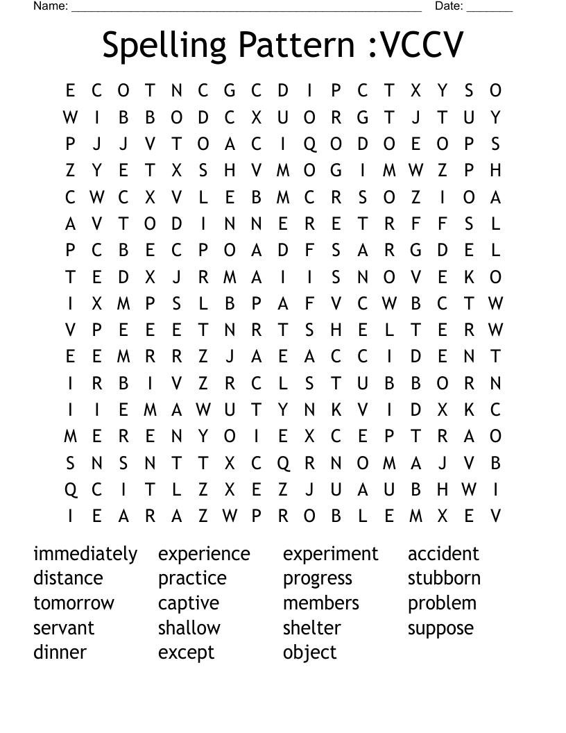 Spelling Pattern :VCCV Word Search