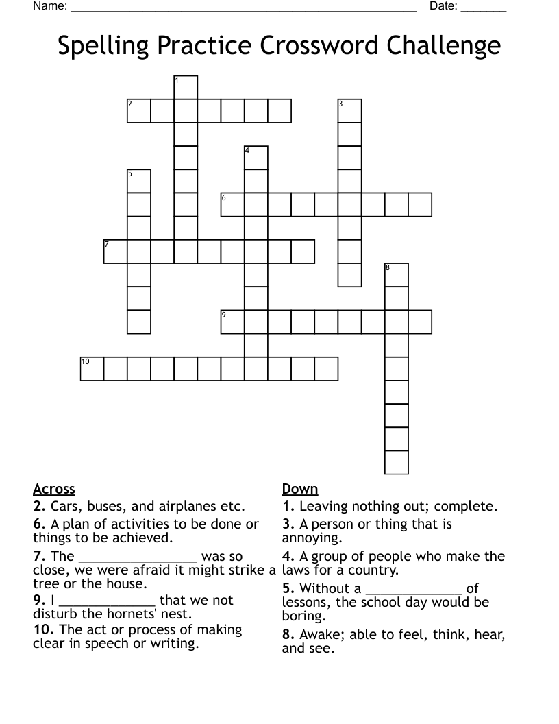 Spelling Practice Crossword Challenge