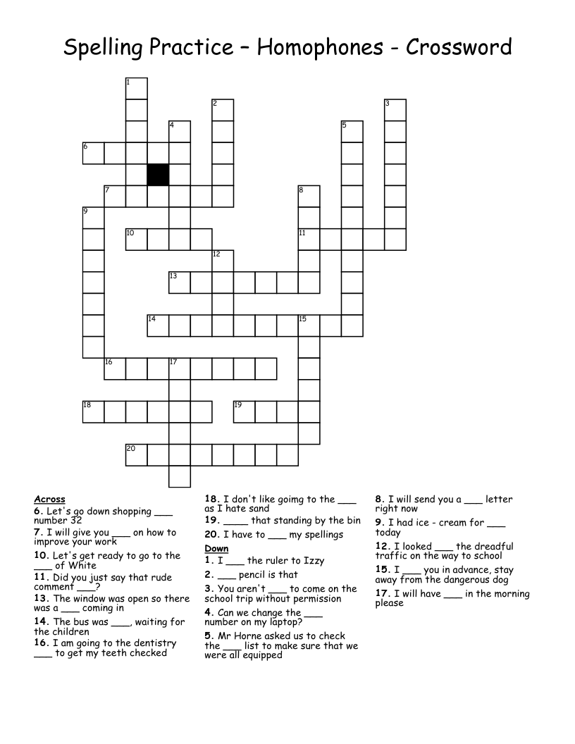 Spelling Practice – Homophones - Crossword 