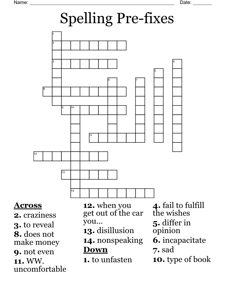 Spelling Pre-fixes Crossword