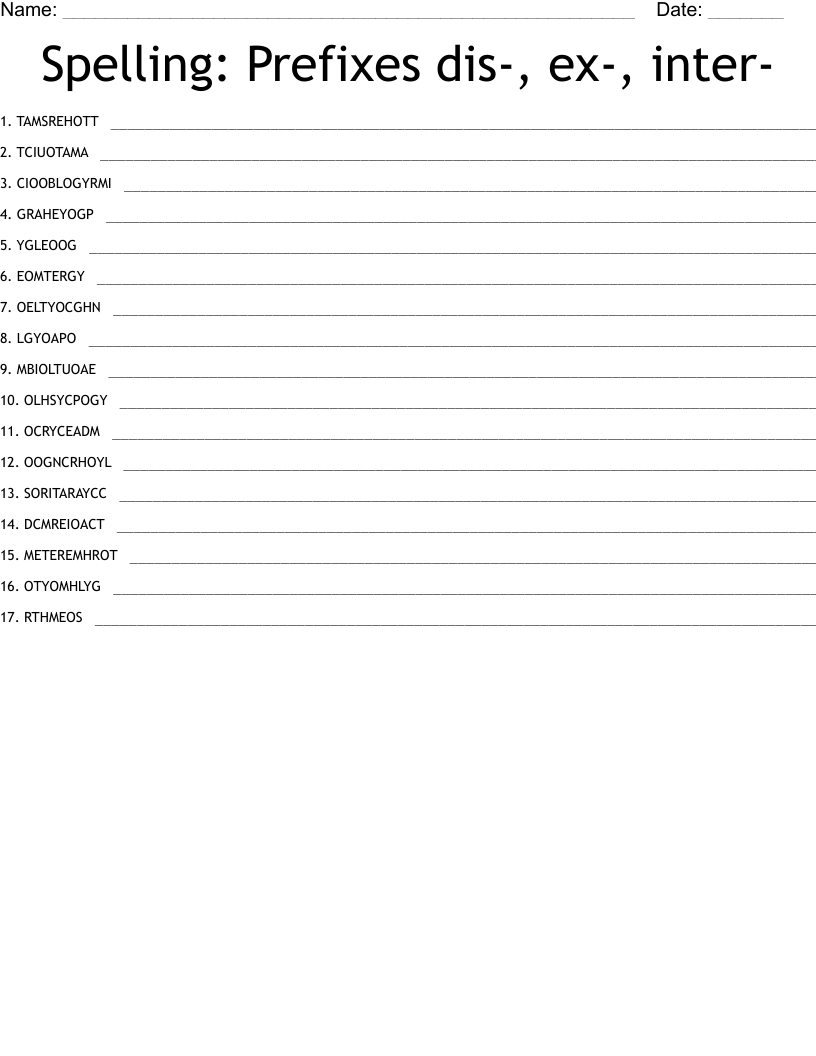 Spelling: Prefixes dis-, ex-, inter- Word Scramble