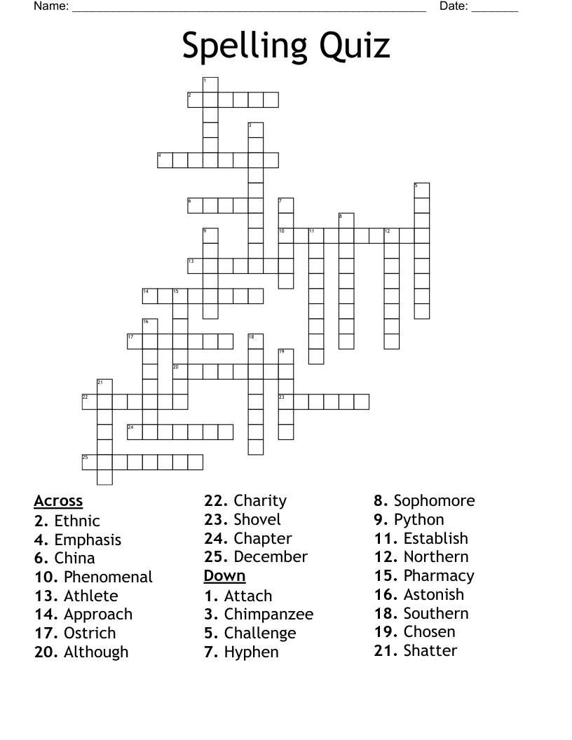 Spelling Quiz Crossword