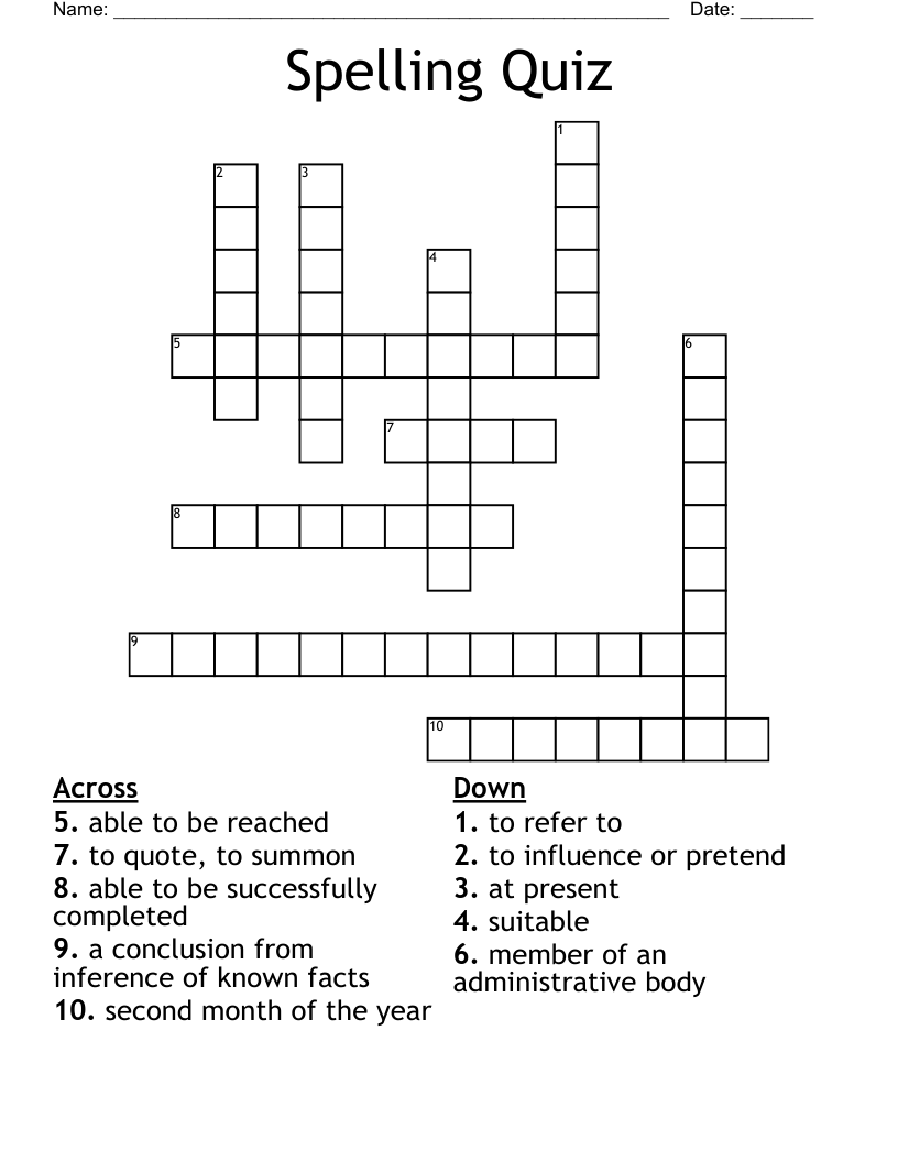 Spelling Quiz Crossword