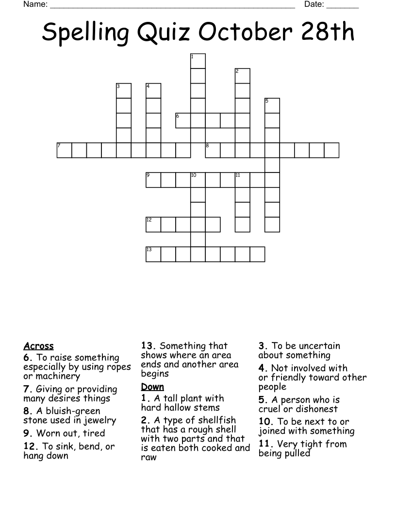 Spelling Quiz October 28th Crossword