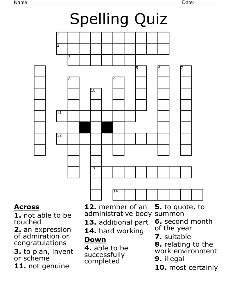 Spelling Quiz  Crossword