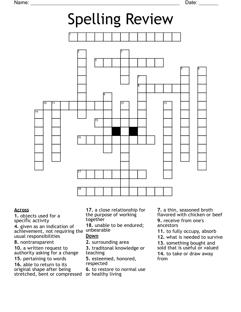 Spelling Review Crossword
