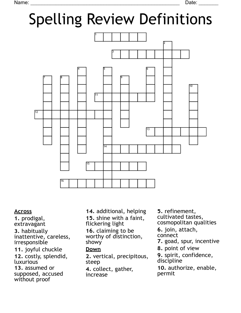 Spelling Review Definitions Crossword