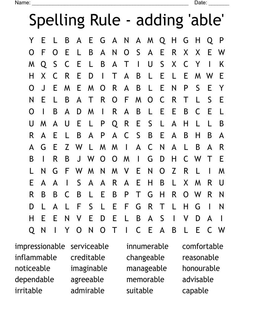 Spelling Rule - adding 'able' Word Search