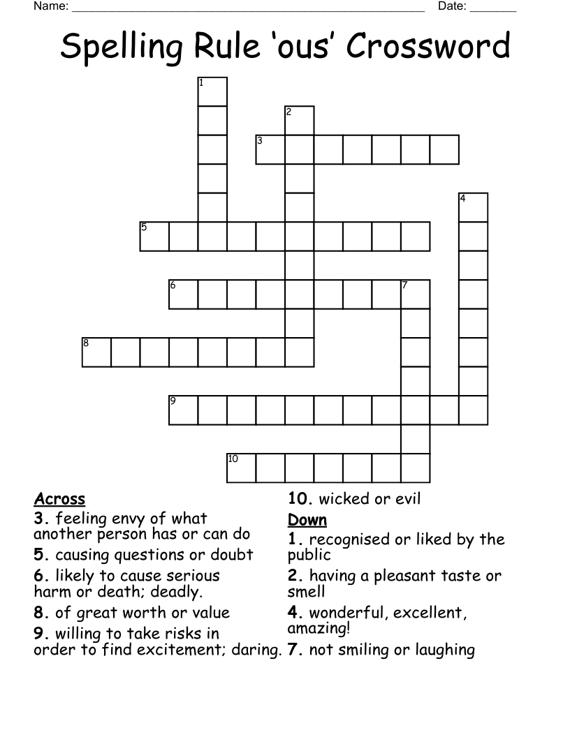 Spelling Rule ‘ous’ Crossword