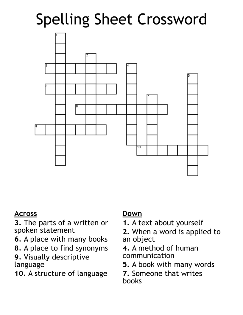 Spelling Sheet Crossword