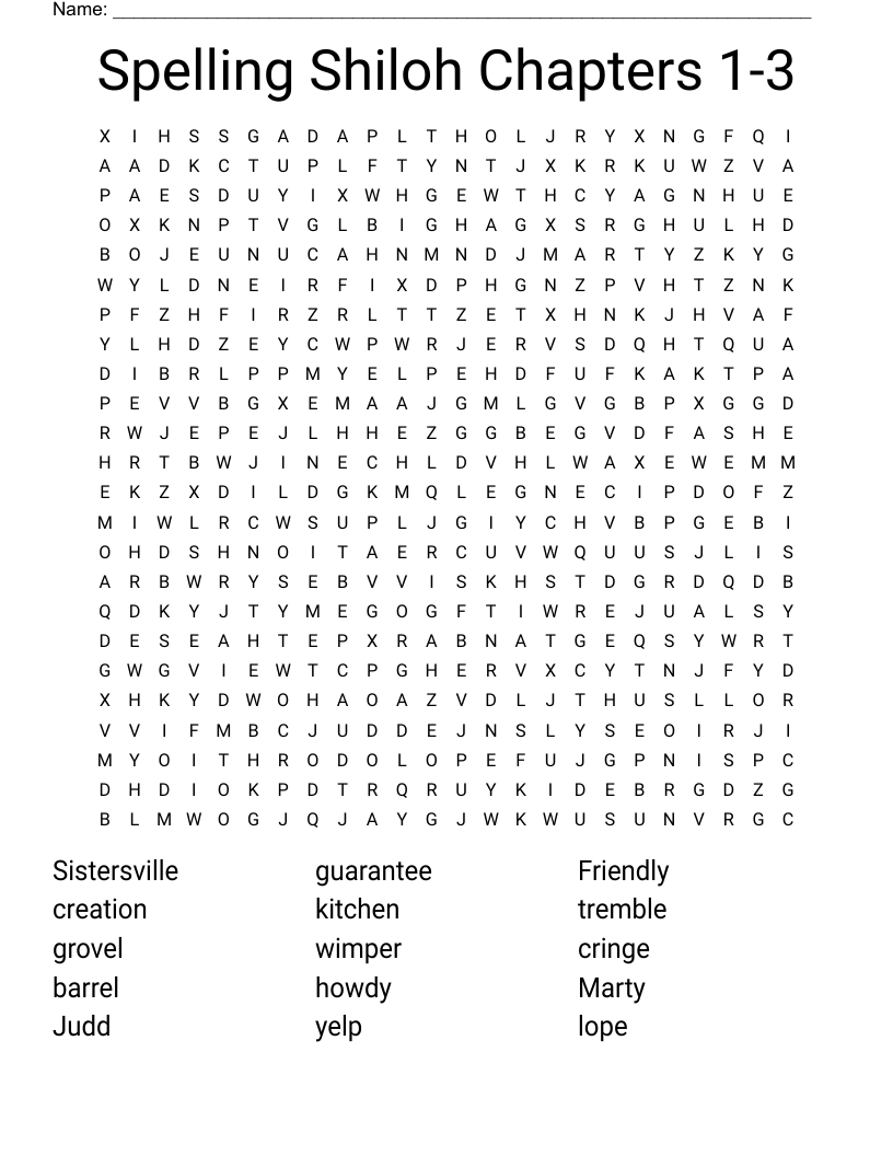 Spelling Shiloh Chapters 1-3 Word Search