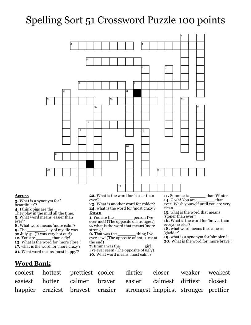 Spelling Sort 51 Crossword Puzzle 100 points