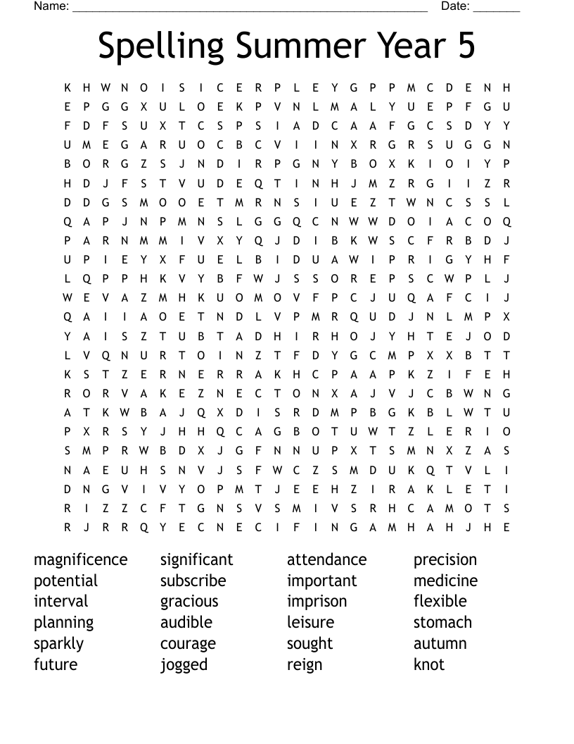Spelling Summer Year 5 Word Search