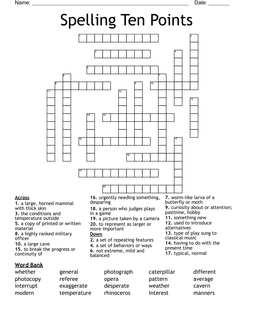 Spelling Ten Points  Crossword