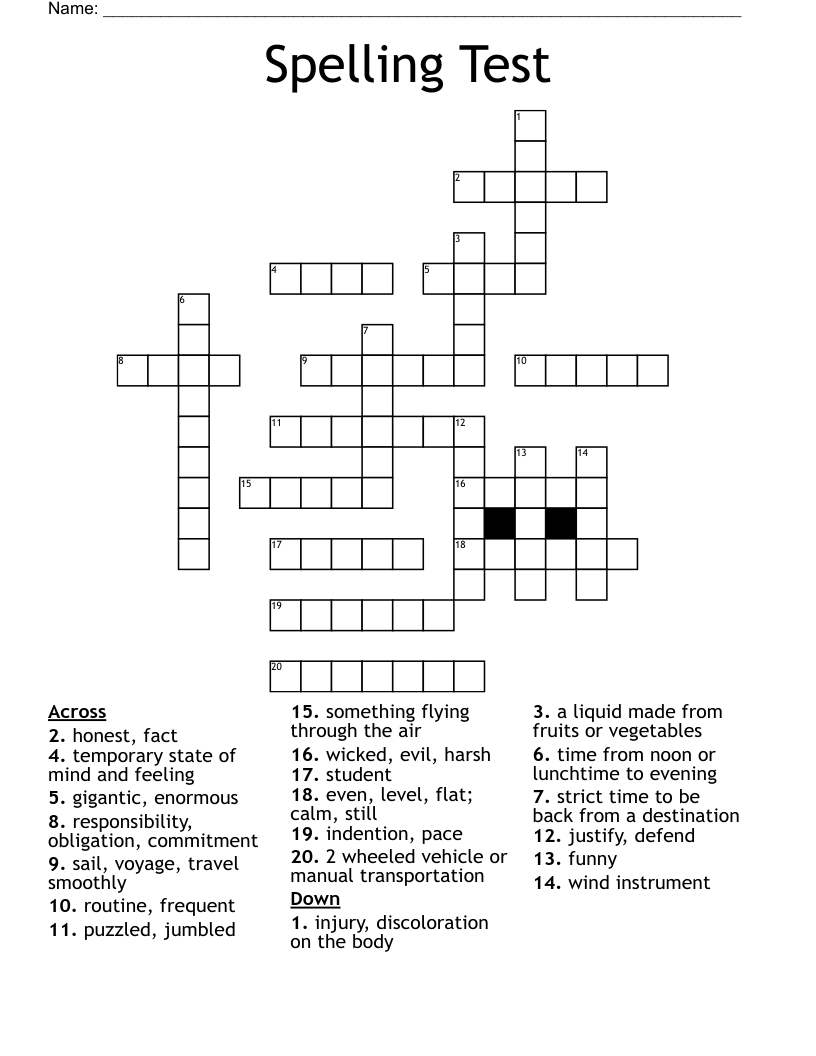 Spelling Test Crossword