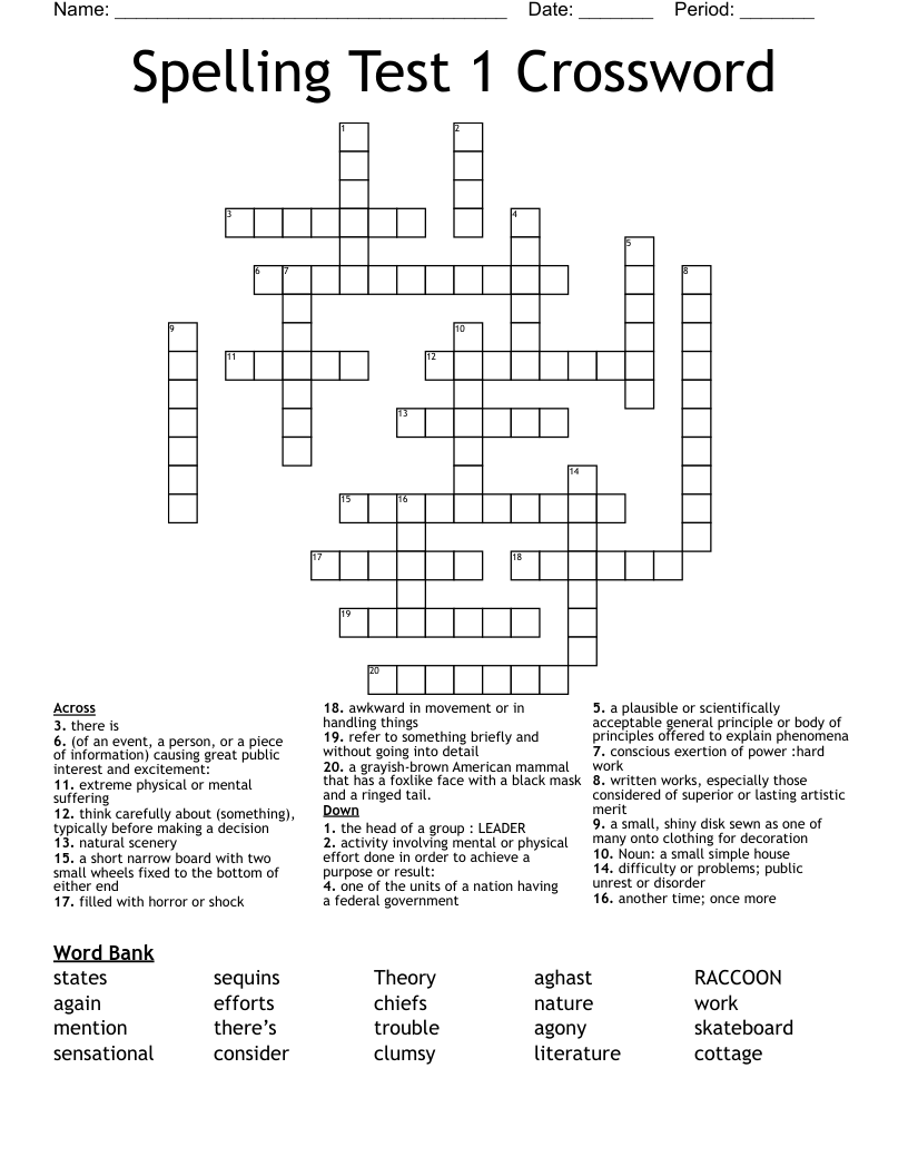 Spelling Test 1 Crossword