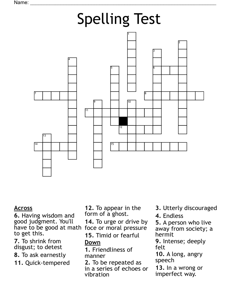 Spelling Test Crossword