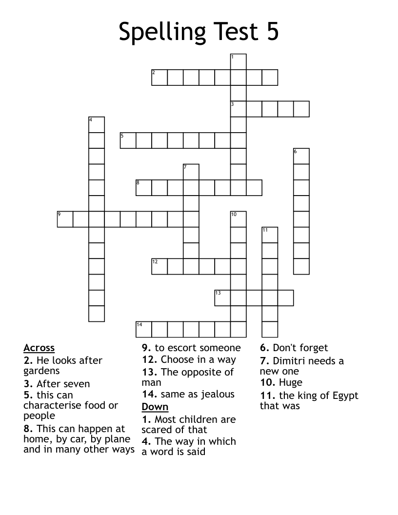 Spelling Test 5 Crossword