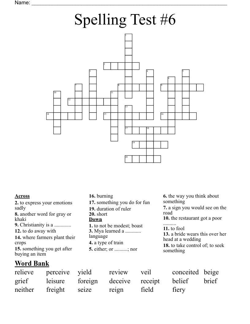 Spelling Test #6 Crossword