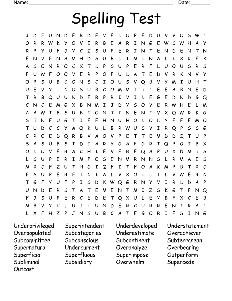 Spelling Test Word Search