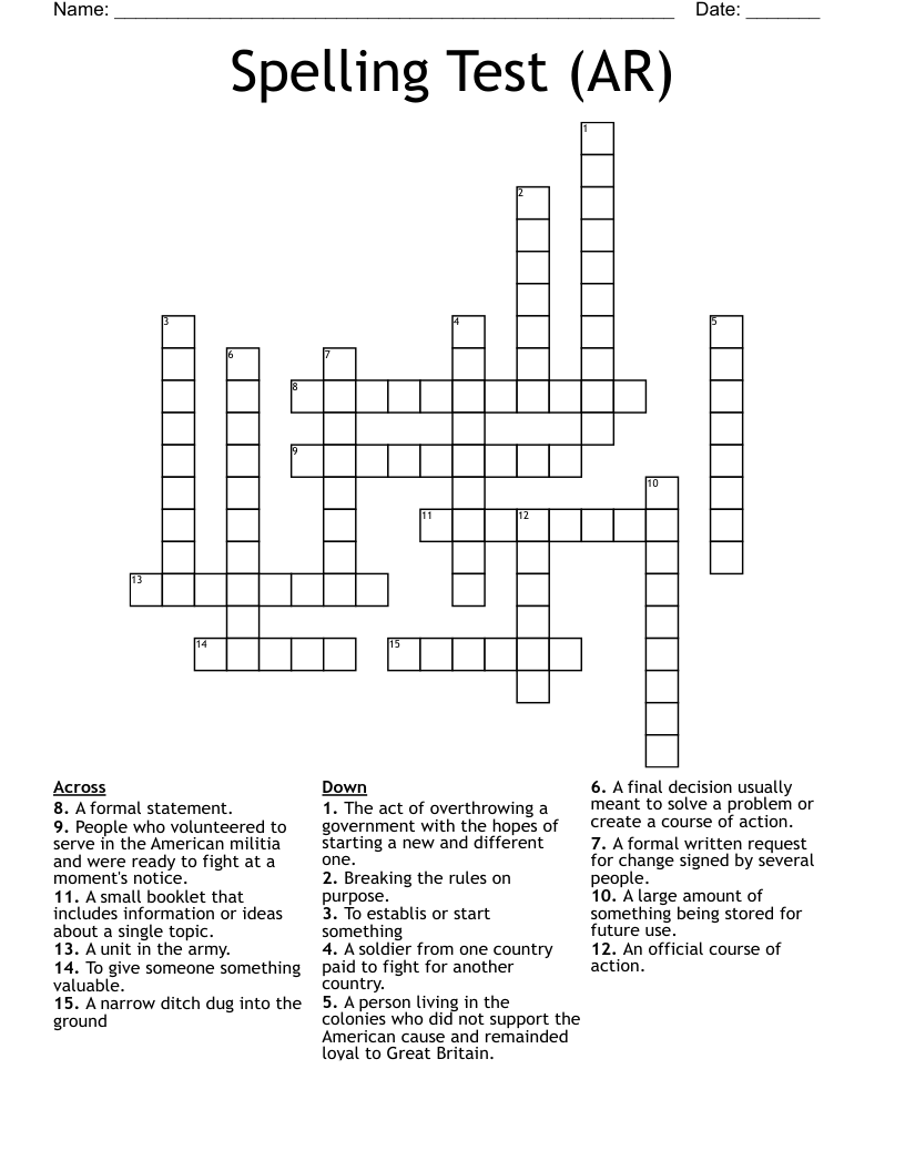 Spelling Test (AR) Crossword