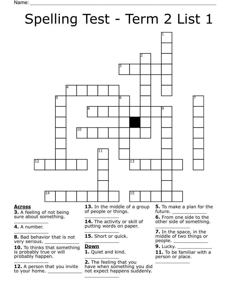 Spelling Test - Term 2 List 1 Crossword