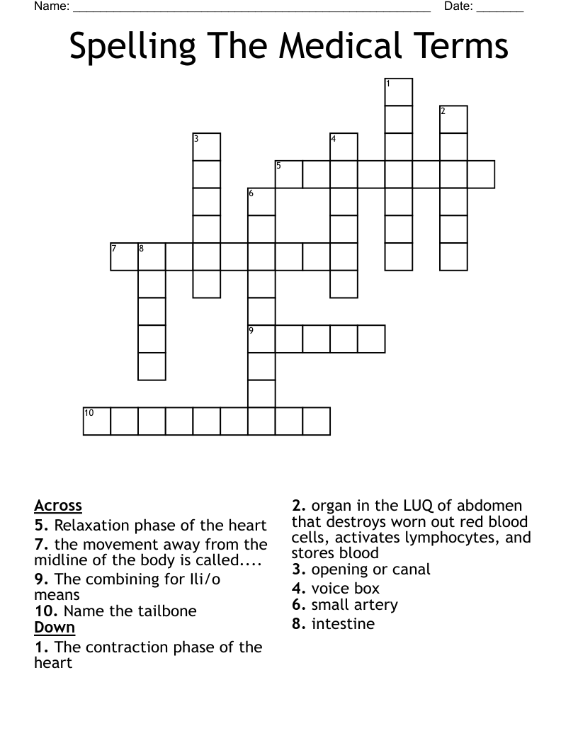 Spelling The Medical Terms Crossword