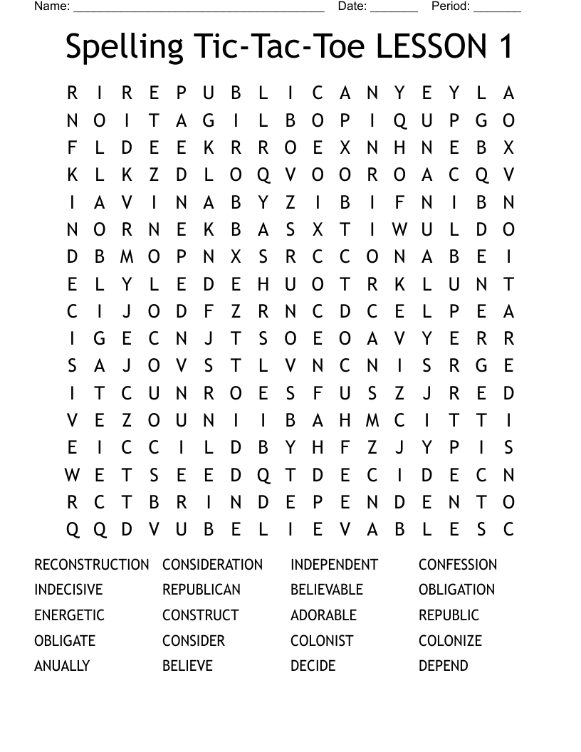 Spelling Tic-Tac-Toe  LESSON 1 Word Search