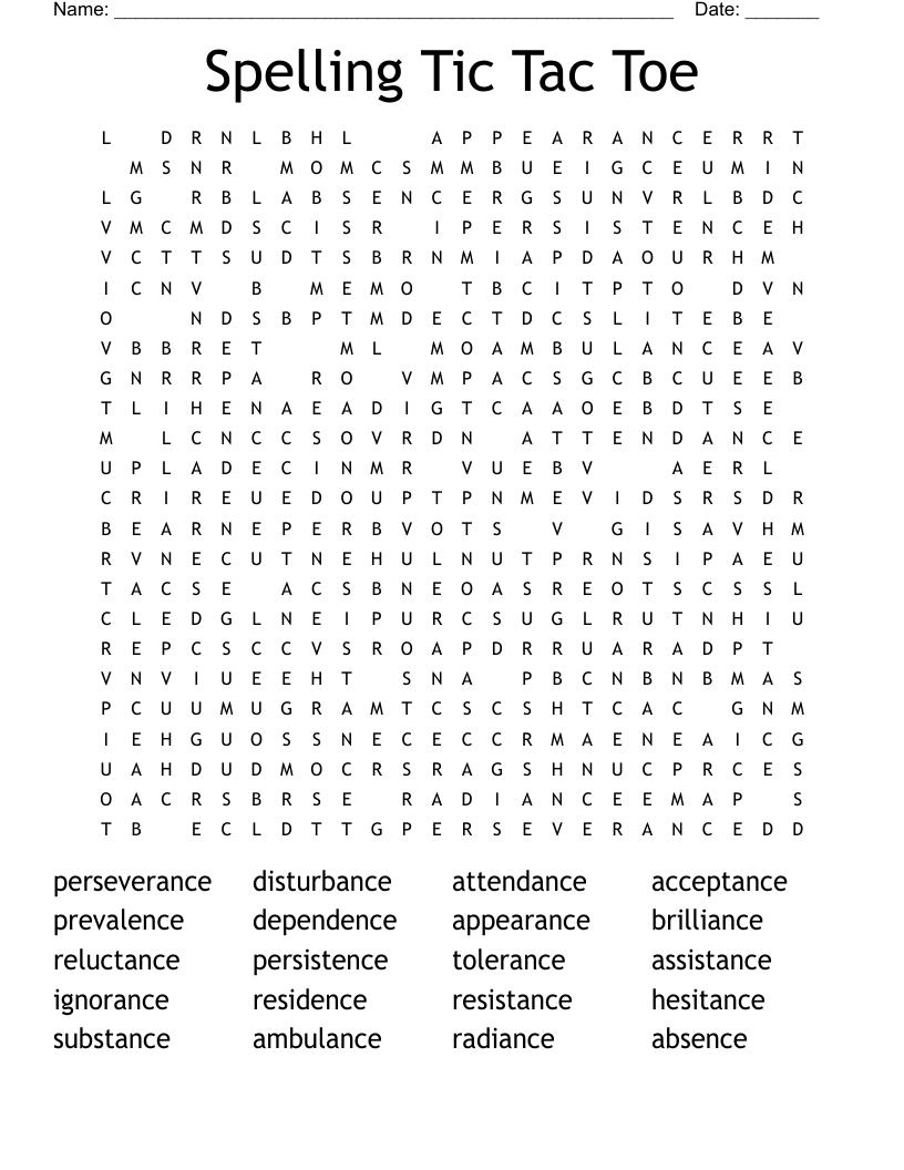 Spelling Tic Tac Toe Word Search