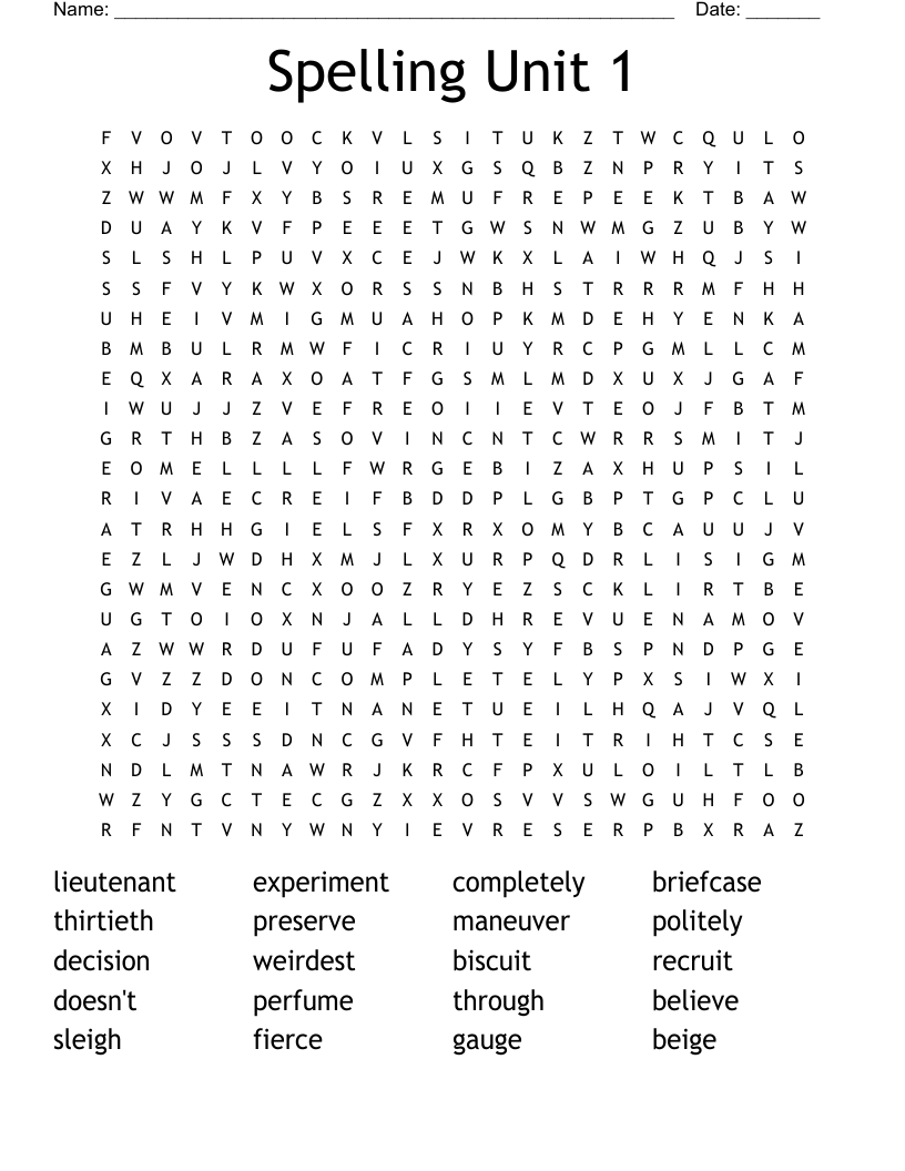 Spelling Unit 1 Word Search