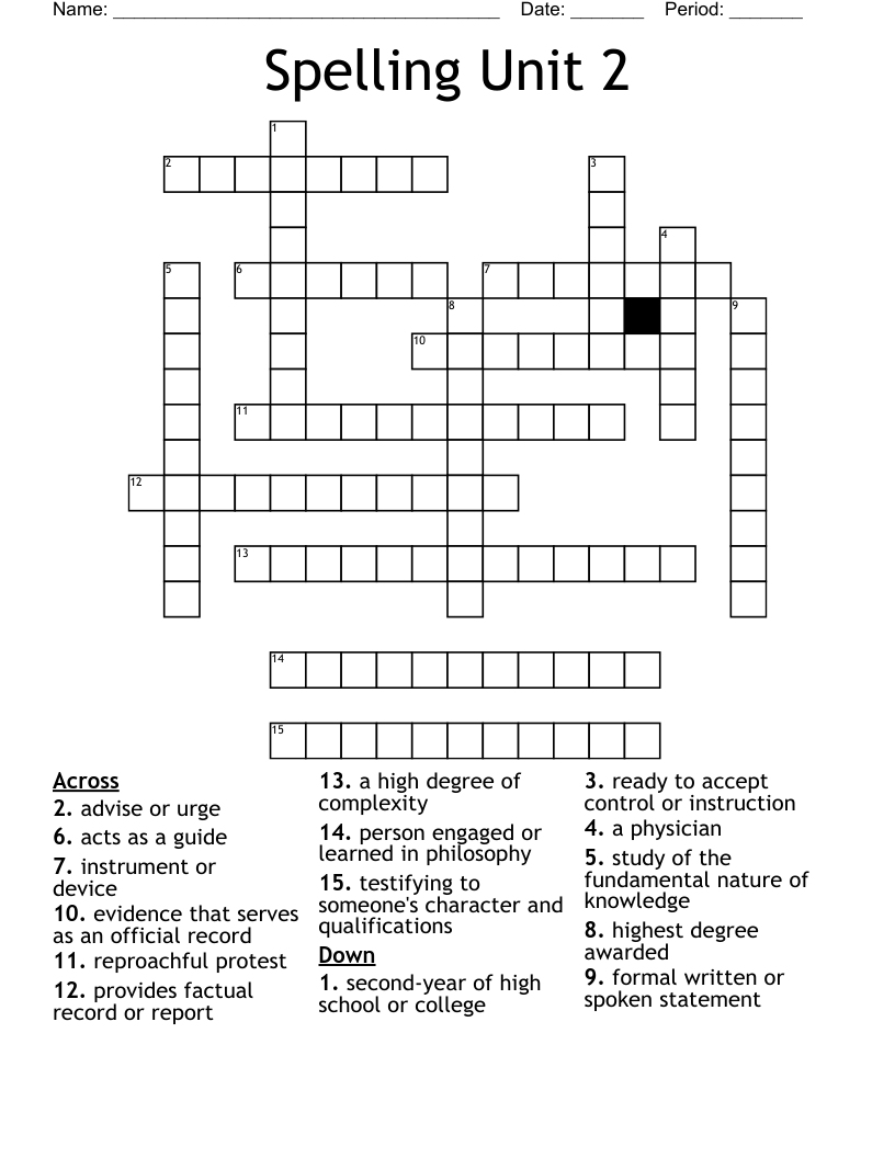 Spelling Unit 2 Crossword