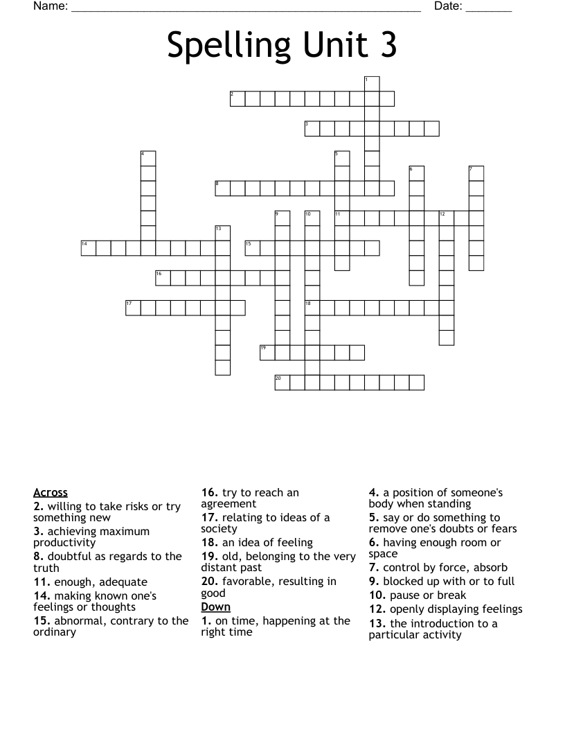 Spelling Unit 3 Crossword