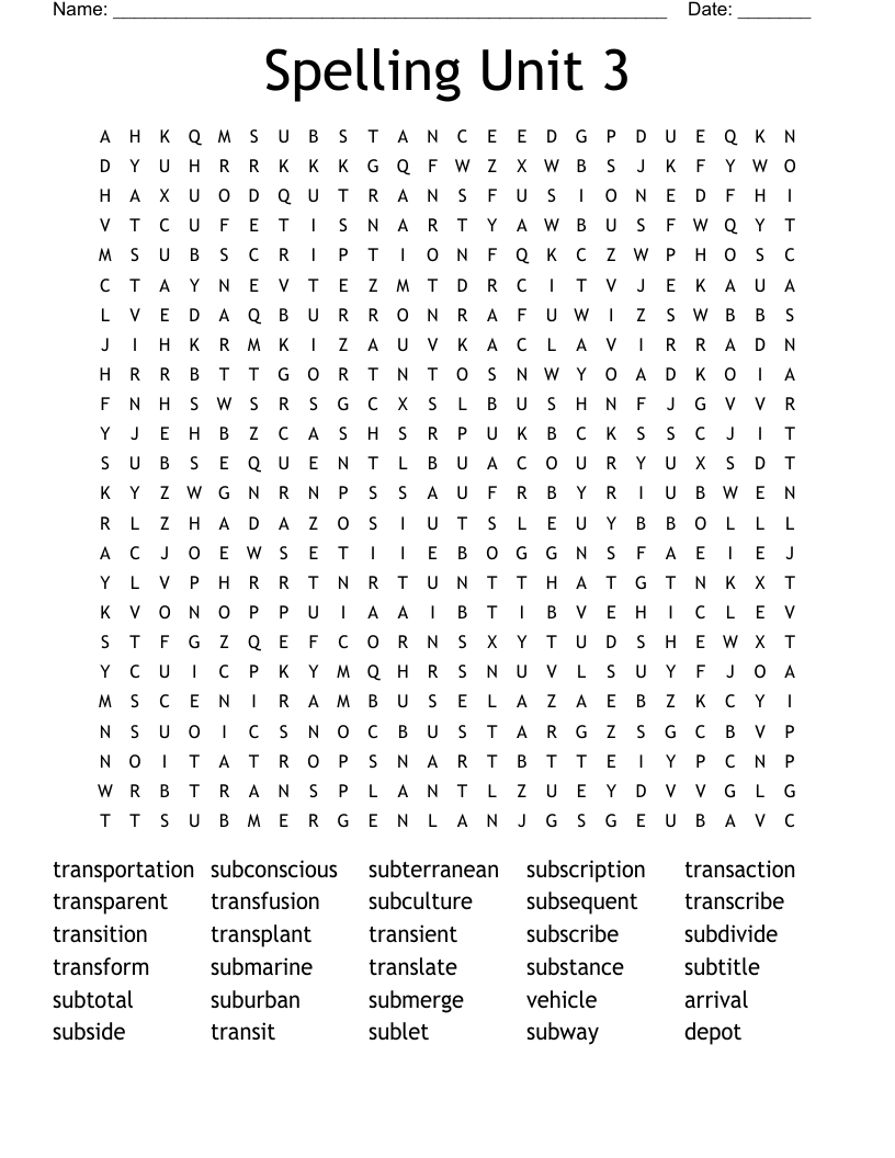 Spelling Unit 3 Word Search