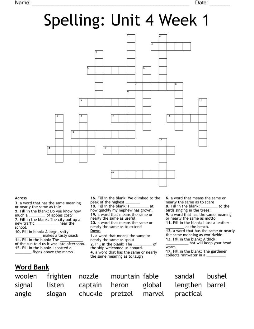 Spelling: Unit 4 Week 1 Crossword