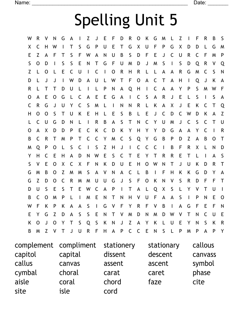Spelling Unit 5 Word Search