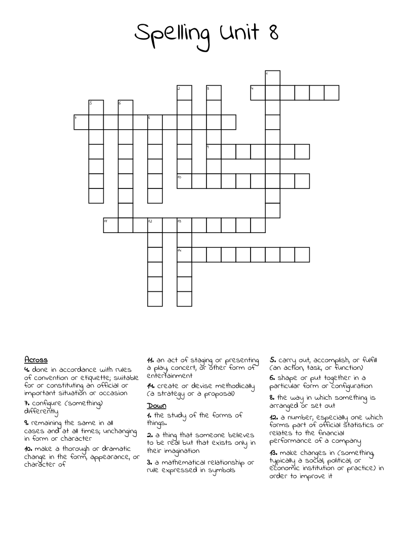 Spelling Unit 8 Crossword