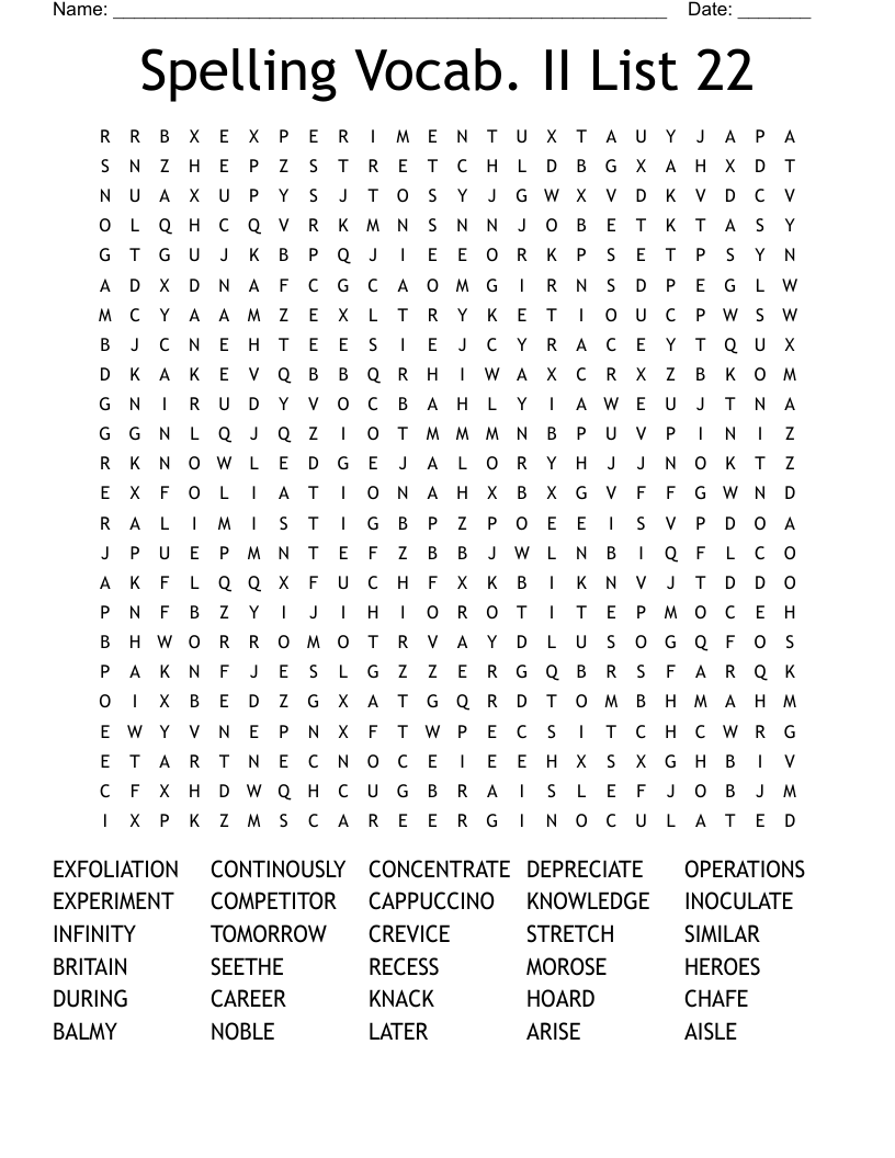 Spelling Vocab. II   List 22 Word Search