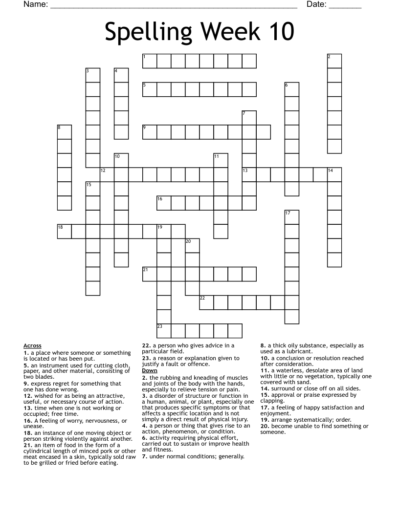 Spelling Week 10 Crossword