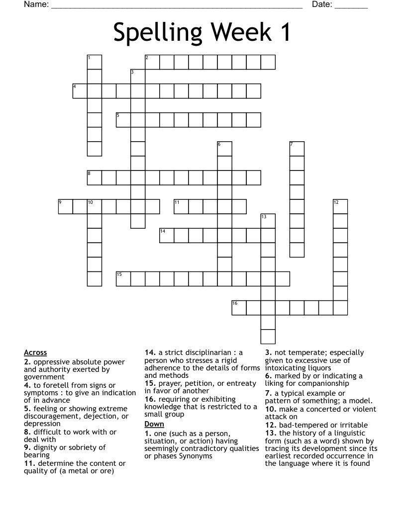 Spelling Week 1 Crossword