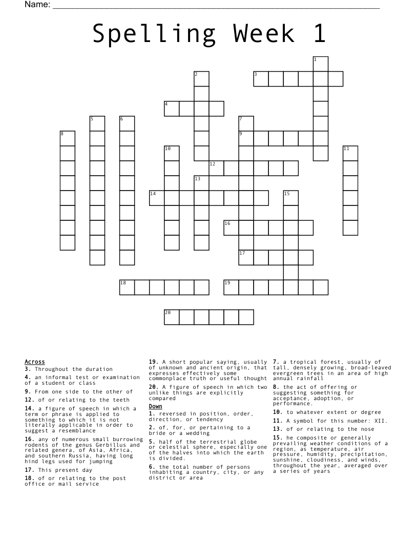 Spelling Week 1 Crossword