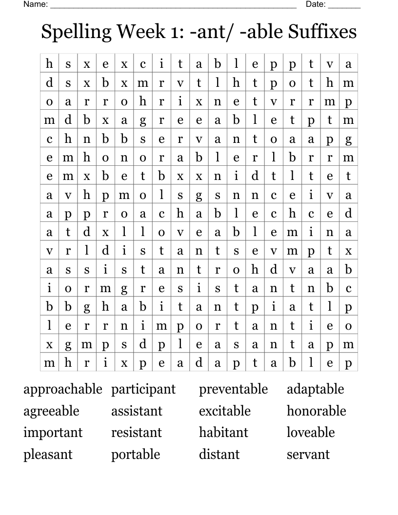 Spelling Week 1: -ant/ -able Suffixes Word Search