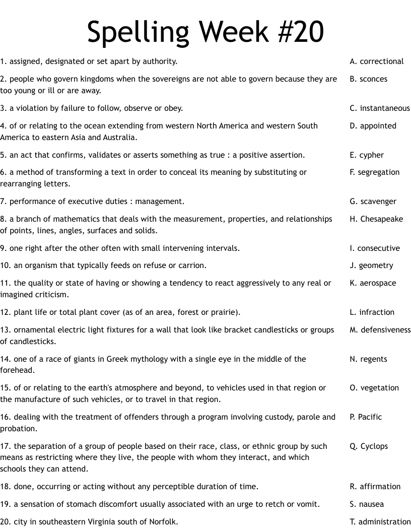 Spelling Week #20 Worksheet