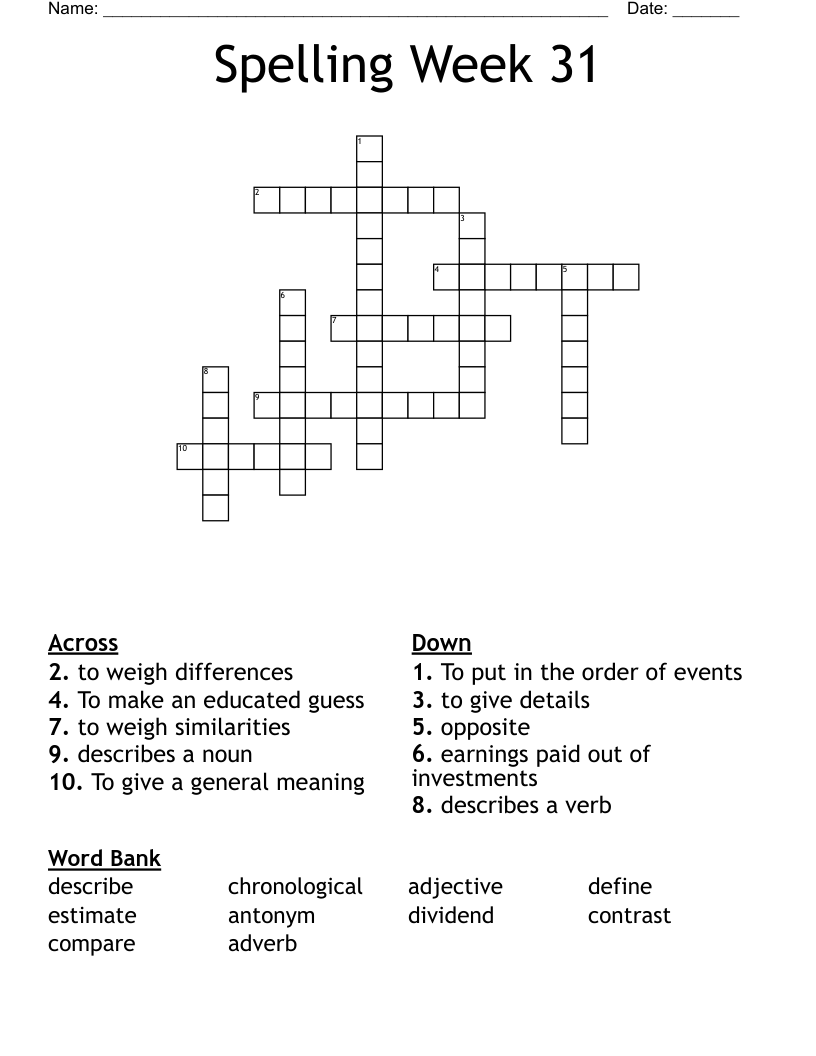 Spelling Week 31 Crossword